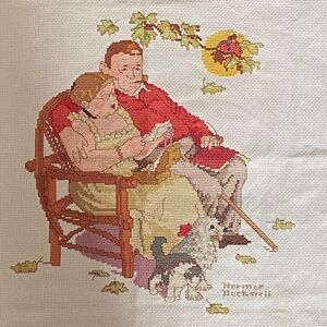Norman Rockwell vintage cross stitch. Couple with animals on loveseat